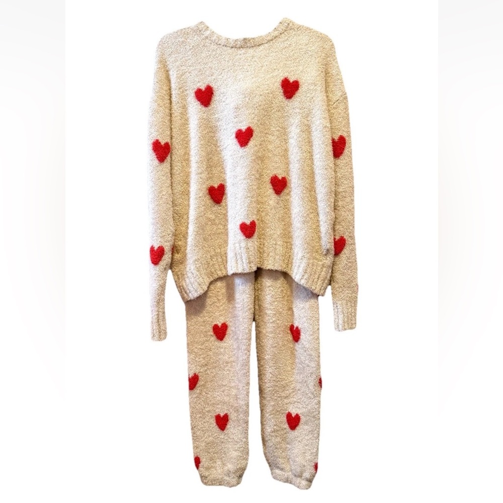 Splendid Cream Red Hearts Fuzzy Cozy Oversized Sweater Joggers PJ Lounge Set XS